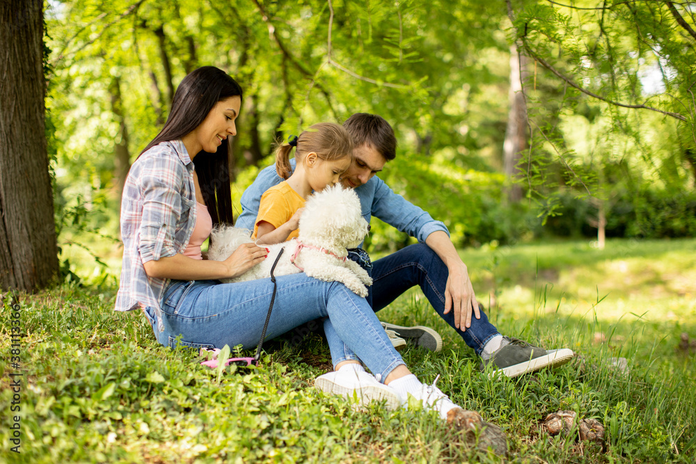Beautiful happy family is having fun with bichon dog outdoors Beautiful happy family is having fun with bichon dog outdoors