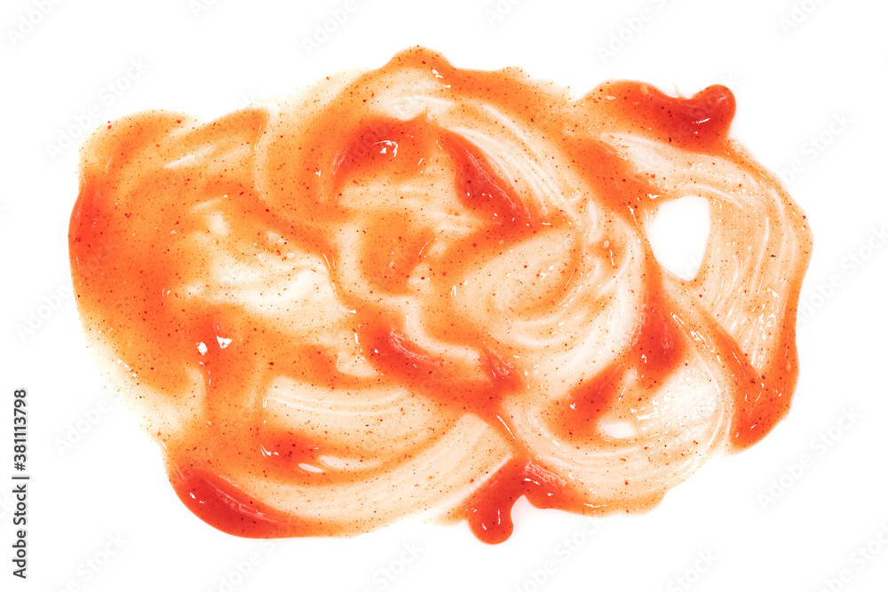 Tomato ketchup sauce on a white background. Spots and stripes ketchup texture Tomato ketchup sauce on a white background. Spots and stripes ketchup texture