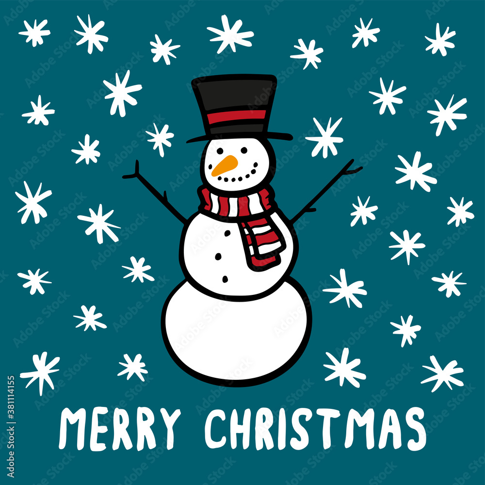 Cute cheerful snowman in a hat and with a scarf, snowflakes and the text Merry Christmas. Vector flat graphic hand drawn illustration. Isolated object. Isolate. Texture.