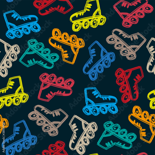 Bright colorful multicolored roller skates isolated on dark blue background. Cute seamless pattern. Side view. Vector flat graphic hand drawn illustration. Texture.