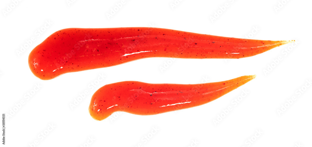 Tomato ketchup sauce isolated on a white background. Spots and stripes ketchup texture Tomato ketchup sauce isolated on a white background. Spots and stripes ketchup texture