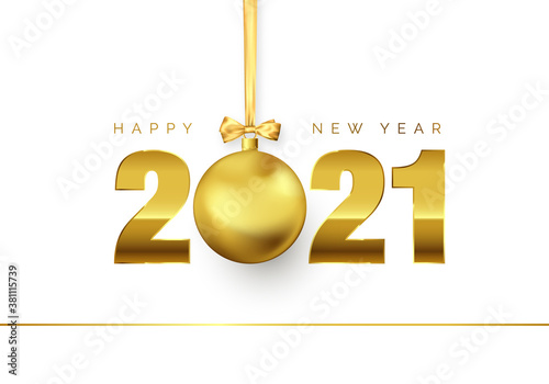 New Year Poster with Greeting Text. Golden Christmas Ball instead of zero in 2021. Holiday Decoration Element for Banner or Invitation. Vector illustration