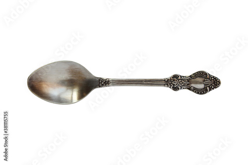 Old metal silver teaspoon. Top view. The isolated object on a white background. Isolate.