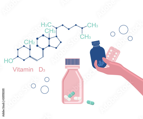 World Osteoporosis Day.Vitamin D3 chemical formula. Human hand holds tablets and pills. Movement disability and arthritis, disease of  joints. Calcium deficiency.Bones disease prevention and treatment