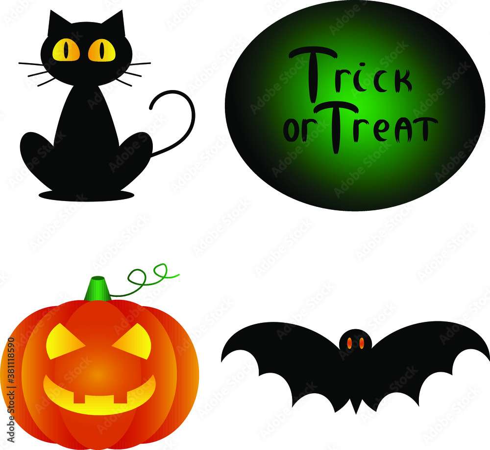 Halloween stickers: black cat, bat, pumpkin. Trick or treat sign. 