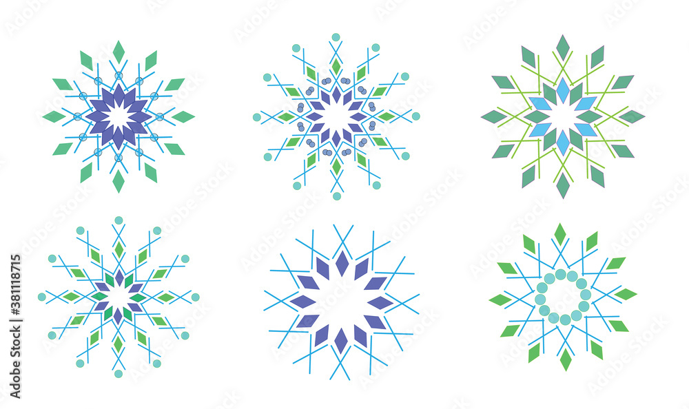 Set of 6 snowflake vector icons.Winter blue Christmas snowflakes crystal element. Weather illustration ice collection. Beautiful frost flat isolated silhouette symbol.