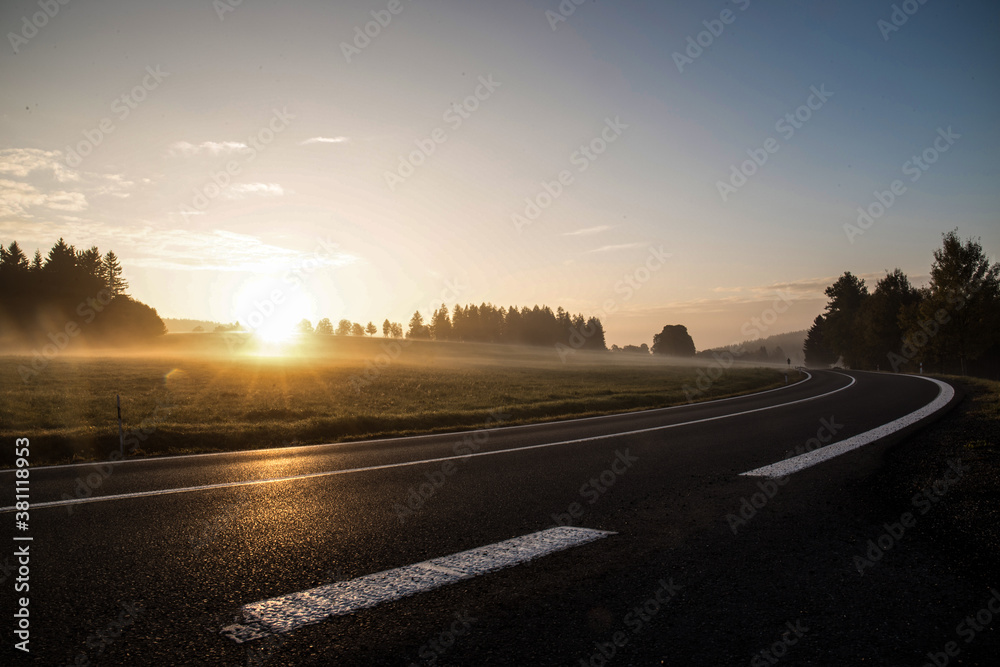 Empty morning road through foggy landscape