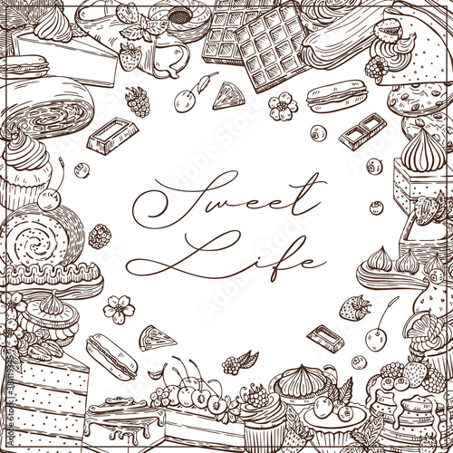 Dessert set, cake, pastry, muffins, strudel, waffles and more item are hand-draw vintage engraving illustration frame for poster, label and menu. Illustration set in graphic sketch style.