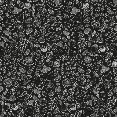 Fruit and berry assorted seamless pattern. Are hand-draw vintage engraving illustration for poster, label and menu. Illustration in graphic sketch doodle style.