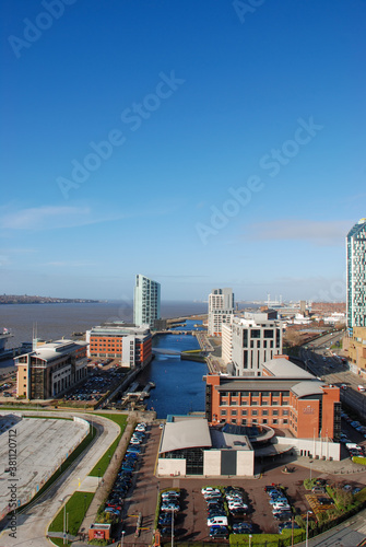 Looking down at the Princes Dock in Liverpool, UK