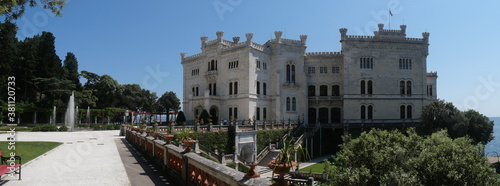 Miramare – panorama of the balcony on the lower Garden of the white Castle with the sea in the background