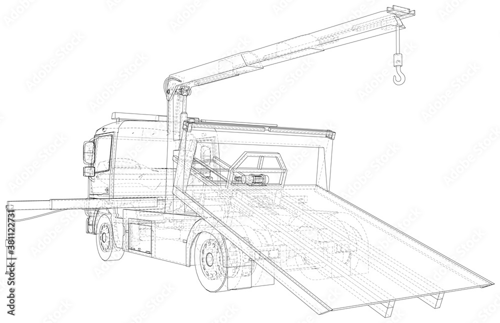Tow truck vector. Towing car trucking vehicle transportation towage. Help on road. Wire-frame. The layers of visible and invisible lines are separated. EPS10 format.