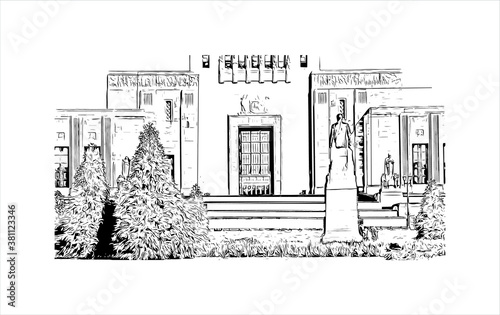 Building view with landmark of Baton Rouge is a city on the Mississippi River, and the capital of Louisiana. Hand drawn sketch illustration in vector.