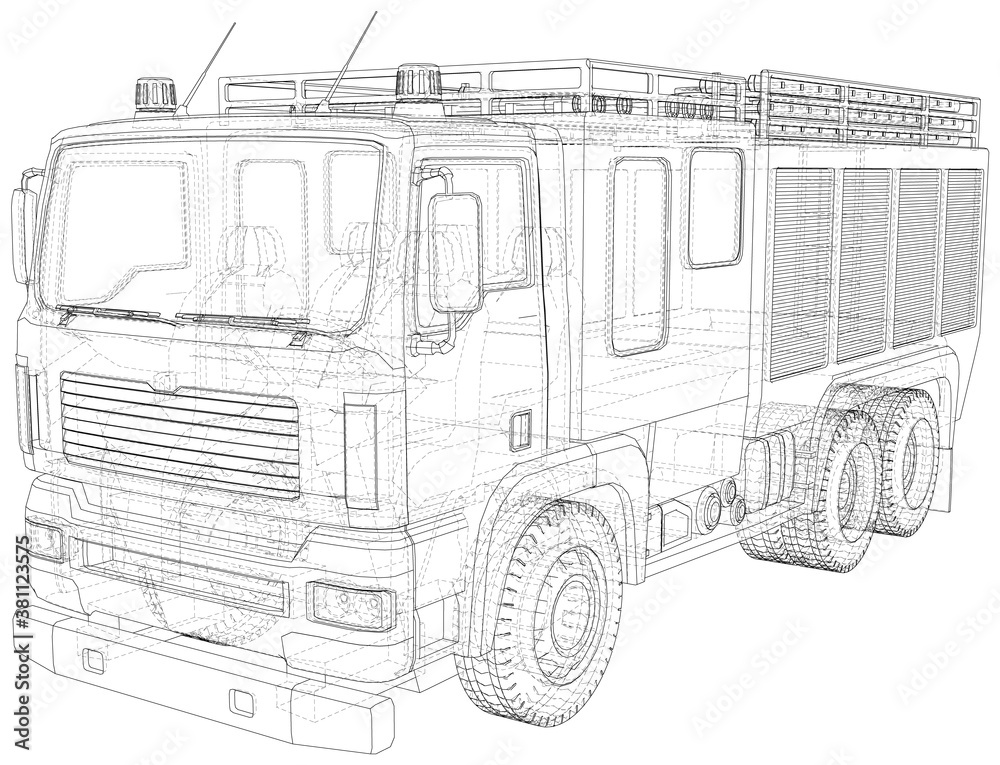 Wire Frame Fire Engine Vector Wire-frame Fire truck. The layers of visible and invisible lines ...