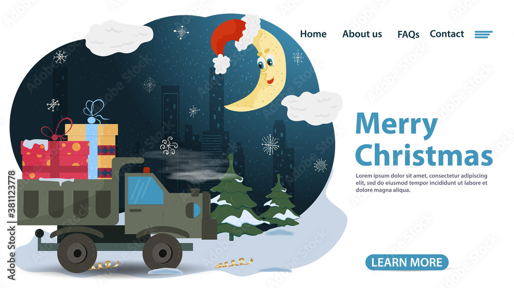 Obraz premium banner for Christmas and new year design of web pages mobile applications truck in the back carries gifts flat vector illustration