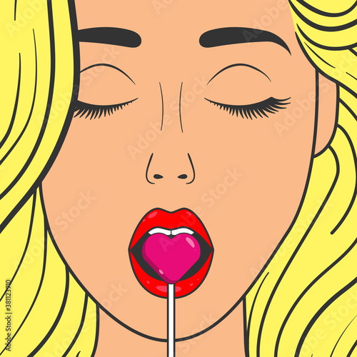 Sexy lips and lollipop. Open female mouth. Vector illustration