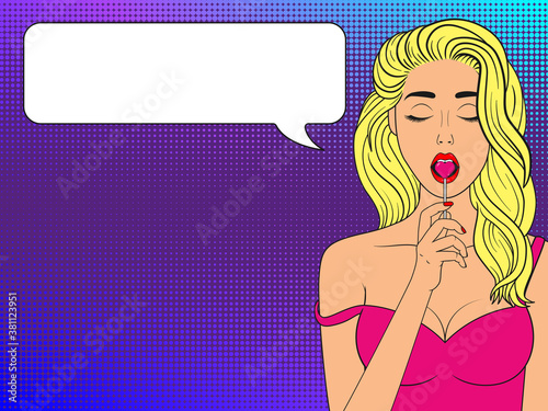 Sexy blonde woman with heart-shaped lollipop. Open mouth. Pop Art vintage vector illustration with copy space