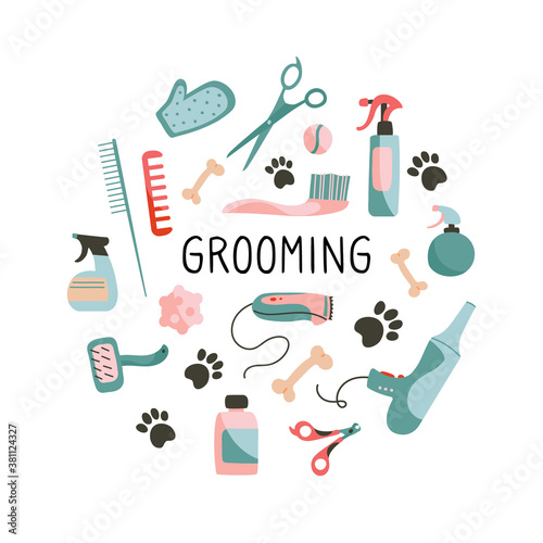 Set of  Products for grooming, pet shop. Combs, scissors, clipper, nippers, sprays, bones, care products. Objects isolated on white background, cartoon style. Vector illustration.