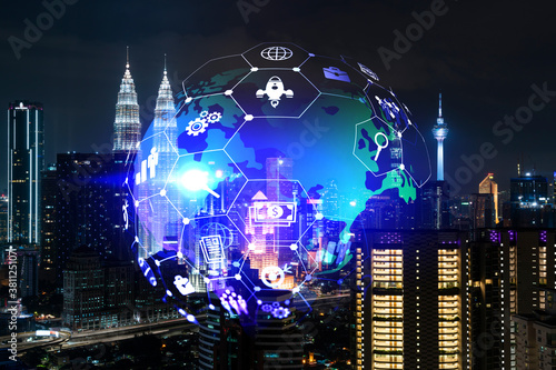 Research and technological development glowing icons. Night panoramic city view of Kuala Lumpur. Concept of innovative activities expanding new services or products in Malaysia, Asia. Double exposure.