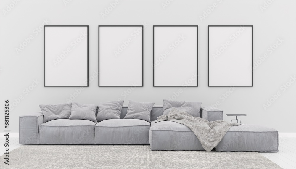 Fototapeta premium mock up poster frame in modern interior background, living room, couch. Scandinavian style, 3D render, 3D illustration