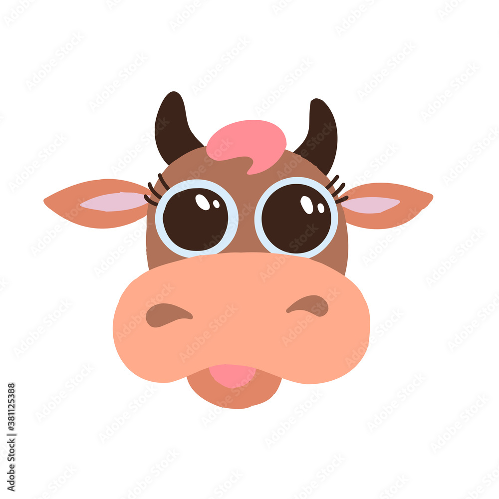 Cute brown cow smiling face with big eyes flat vector icon isolated on white background. Flat cartoon design funny farm animal head illustration. Animal of 2021 year. Cute brown cow smiling face with big eyes flat vector icon isolated on white background. Flat cartoon design funny farm animal head illustration. Animal of 2021 year.