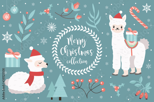 Cute llama in the winter forest set of objects. Collection of design elements with a little alpaca in a hat of Santa Claus, snowflakes and a Christmas tree. Merry christmas postcard. Vector