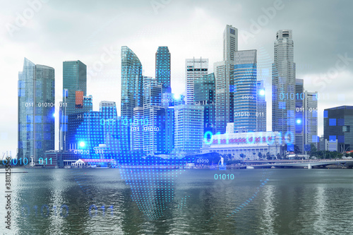 Photography World planet Earth map hologram over panorama city view of Singapore, Asia