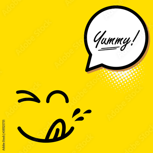 Yummy smile emoticon with tongue lick mouth. Tasty food eating emoji face