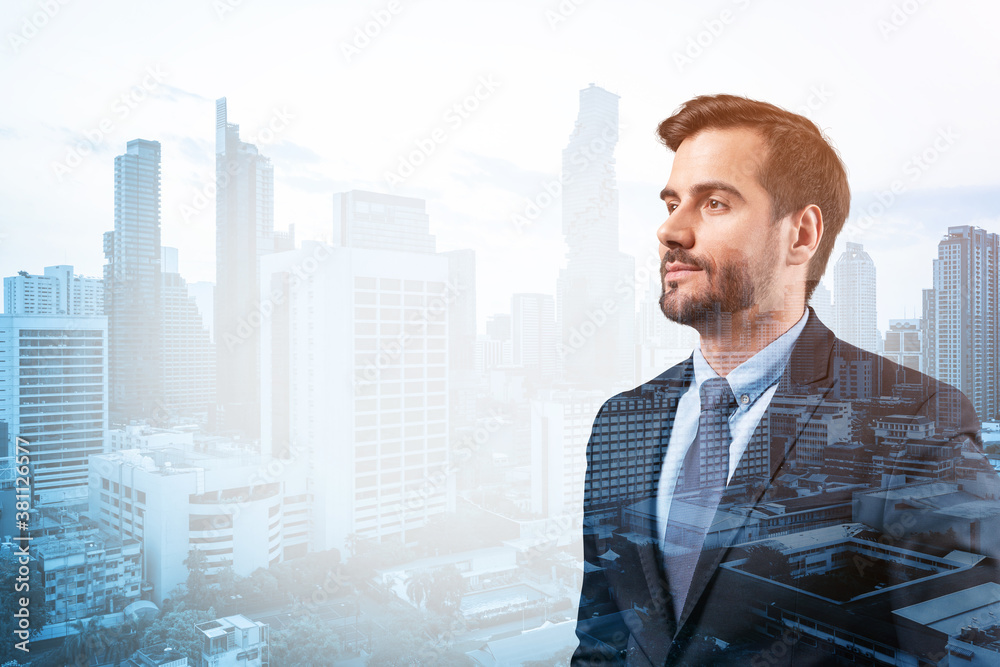 Young handsome businessman in suit thinking how to succeed, new career opportunities, MBA. Bangkok on background. Double exposure. Young handsome businessman in suit thinking how to succeed, new career opportunities, MBA. Bangkok on background. Double exposure.