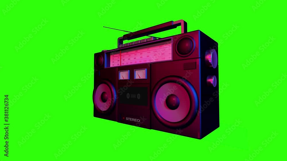 Realistic mock up of radio vibrating speaker and playing the cassette animation, side view shot, isolated on green screen background. Realistic mock up of radio vibrating speaker and playing the cassette animation, side view shot, isolated on green screen background.