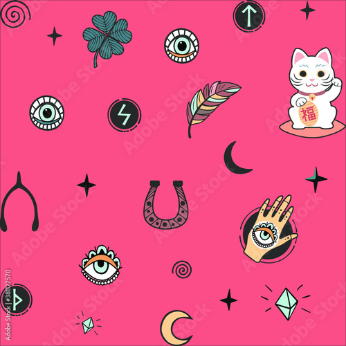 Vector pattern with lucky charms icons symbols isolated on pink background.Good luck.Talismans.Clover,runes, spiral curls,hand with all-seeing eye,feathers,stars,moon,cat,crystals.Paper design.
