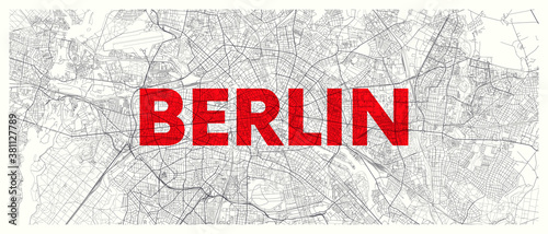 City map Berlin, detailed road plan widescreen vector poster
