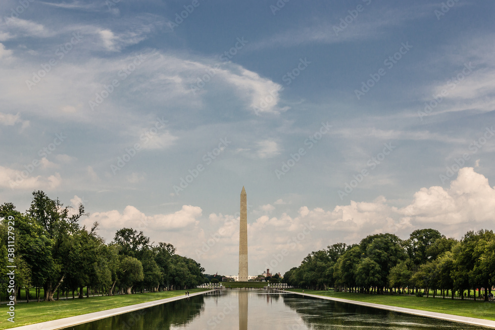 Washington, USA - August 16, 2018: Washington monument, a marble obelisk, erected in Washington to commemorate George Washington, founding father and first president of the United States of America.