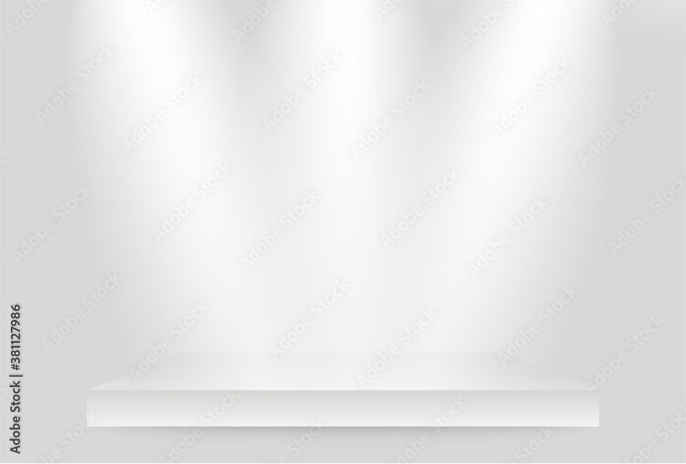 Empty shelf with light. Three light sources on the wall. 3D platform. Shelf for exhibit with spotlight. Stock vector illustration. Empty shelf with light. Three light sources on the wall. 3D platform. Shelf for exhibit with spotlight. Stock vector illustration.