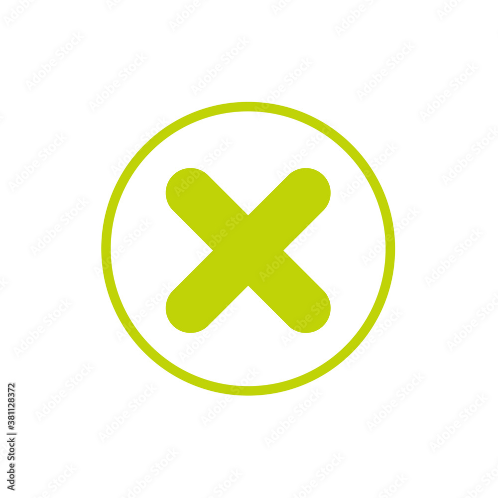 Obraz premium Green delete button in green circle. Warning error icon. Flat vector icon isolated on white.