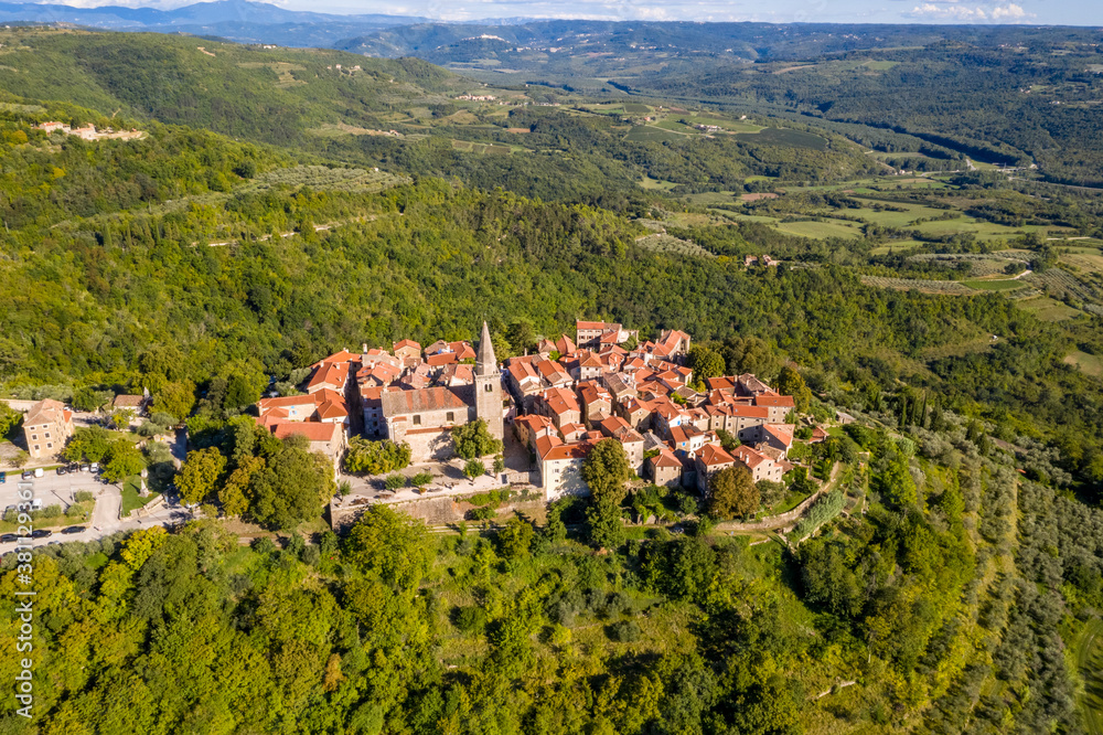 Aerial panoramic drone picture of the medieval town of Groznjan on the Istrian peninsula during daytime