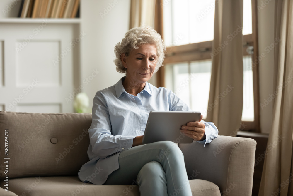 Age and technologies. Peaceful pleasant senior silver-haired woman sitting on sofa at comfortable pose using digital tablet pc, reading electronic books online, watching favourite video movies by wifi Age and technologies. Peaceful pleasant senior silver-haired woman sitting on sofa at comfortable pose using digital tablet pc, reading electronic books online, watching favourite video movies by wifi