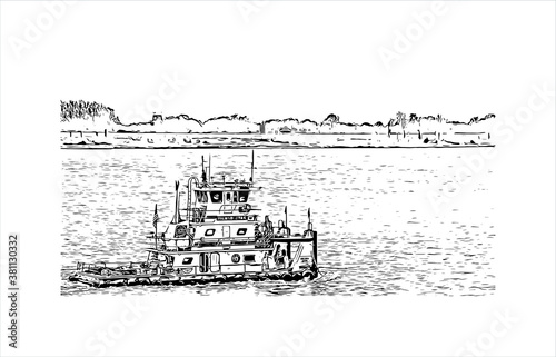 Building view with landmark of Baton Rouge is a city on the Mississippi River, and the capital of Louisiana. Hand drawn sketch illustration in vector.