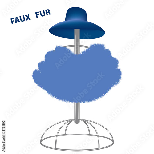 Boa - blue faux fur with long pile, elegant hat on a metal rack - vector. Fashion.