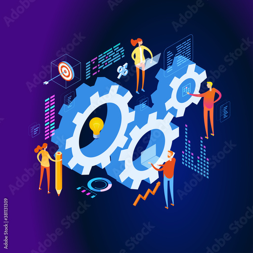 Organization and management of the workflow. Design and automation of work processes. Increase the productivity of your office. Banner template. Flat isometric vector illustration.