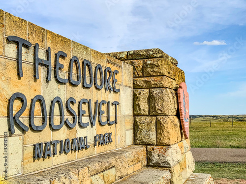 Medora, ND, USA - 8/2020:  Theodore Roosevelt national parks entrance sign