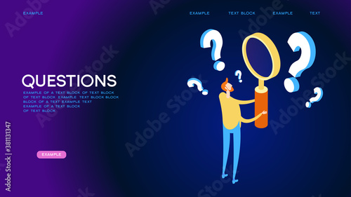 A man holds a magnifying glass and looks through the questions. Frequently asked questions concept. Query concept. Investigation and information retrieval. Flat isometric vector illustration.