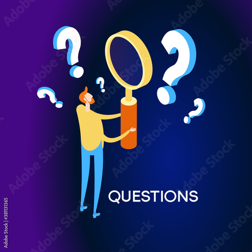 A man holds a magnifying glass and looks through the questions. Frequently asked questions concept. Query concept. Investigation and information retrieval. Flat isometric vector illustration.