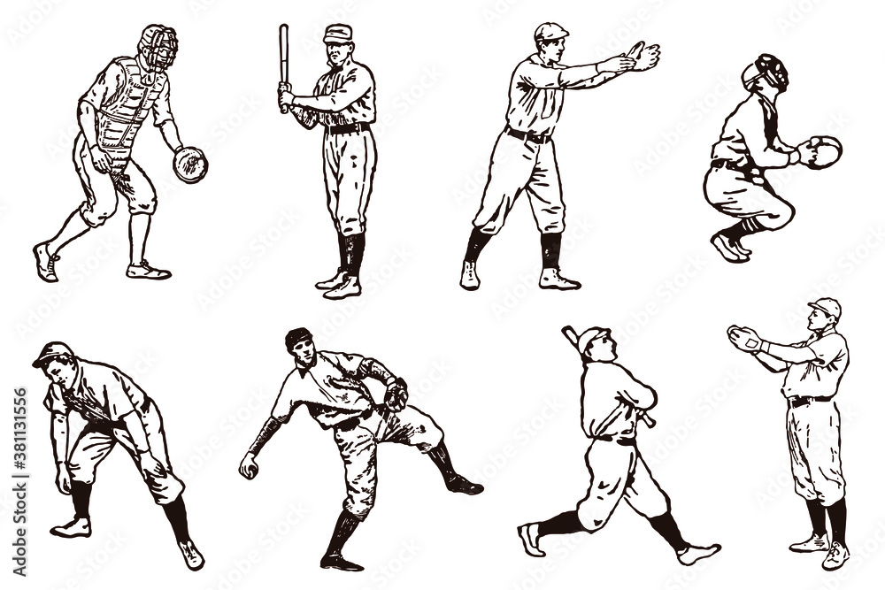 Group of historical baseball players in row, after old illustrations from 19th century