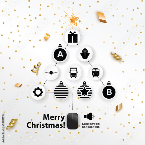 Christmas logistics card. Schematic christmas tree with PC mouse on white background. Flat icons