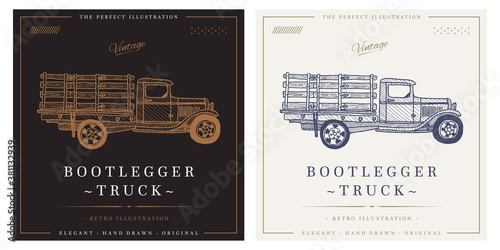 Bootlegger pickup Truck sketch vintage retro logo illustration photo