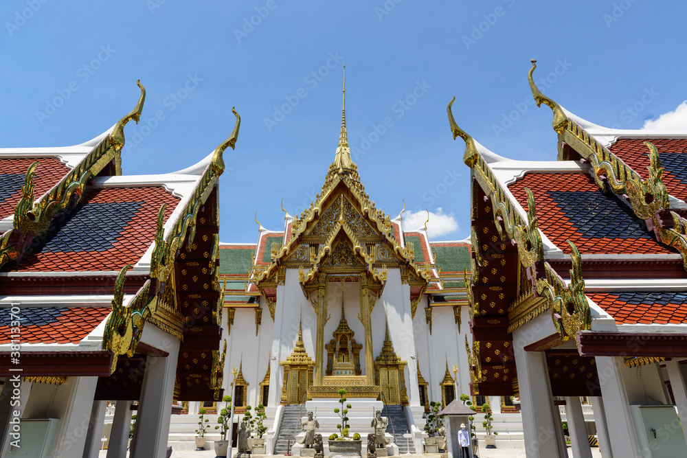 Dusit Maha Prasat Throne Hall, was built on a symmetrical cruciform plan, the roof is topped with a tall gilded spire, located at The Grand Palace, Bangkok, Thailand.