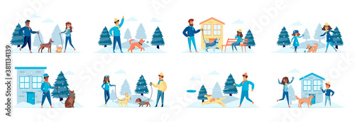 Dog walkers bundle of scenes with people characters. Happy people walking and playing with dogs in winter park situations. Wintertime holidays vacation and activities cartoon vector illustration.