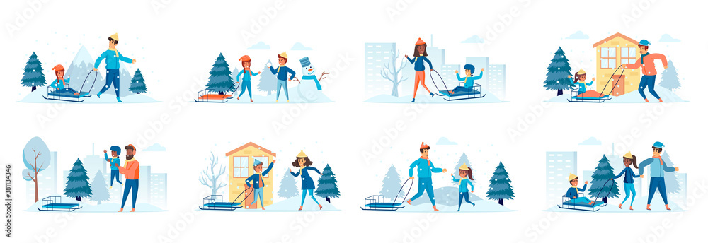 Snow sledding activities bundle of scenes with people characters. Parents with kids sledding slide outdoors at snowfall conceptual situations. Wintertime holidays vacation cartoon vector illustration.