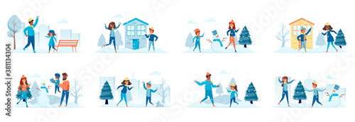 Winter family vacation bundle of scenes with people characters. Parents play snowballs with kids conceptual situations. Wintertime holidays, outdoors activities and fun cartoon vector illustration.